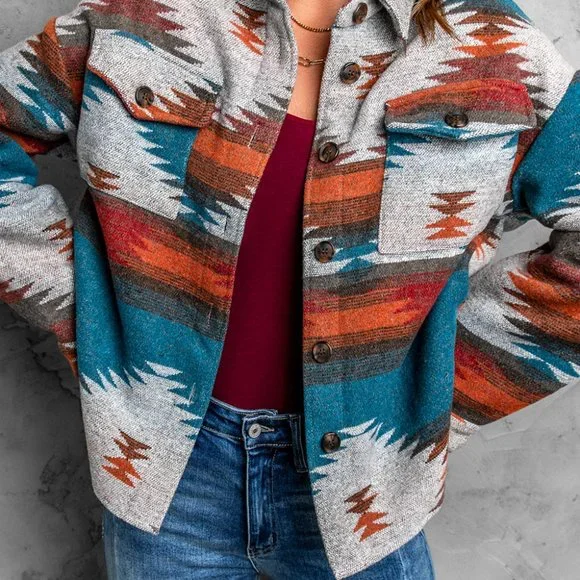 SOLD Flannel Distressed Aztec Shirt Jacket/Shacket Large - Picture 3 of 16